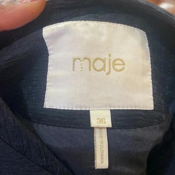 MAJE Vio Black Textured Zip Front Elastic Waist Bomber Jacket size S USA/36 EU - Picture 3 of 11